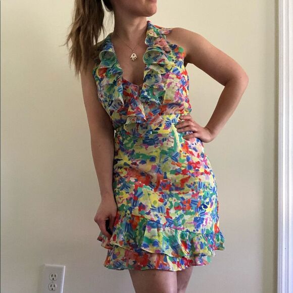 NWT Saloni Cece Silk Ruffle Mini Dress Sz 10 Resort Wedding Watercolor Confetti